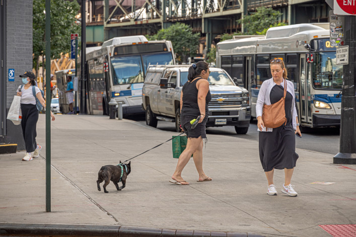 Woman with a small dog at Queensboro Plaza in Long Island City, Queens