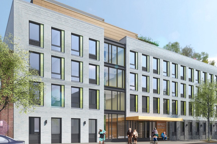 A rendering of the four-story grey building at 811 Lexington Avenue in Bedford-Stuyvesant, Brooklyn.