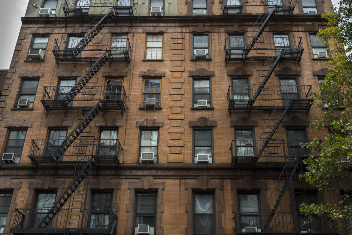 Fire escapes on a New York City apartment building 