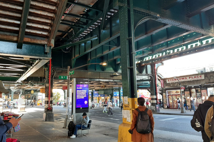 Under the elevated train tracks in Jackson Heights, New York City.