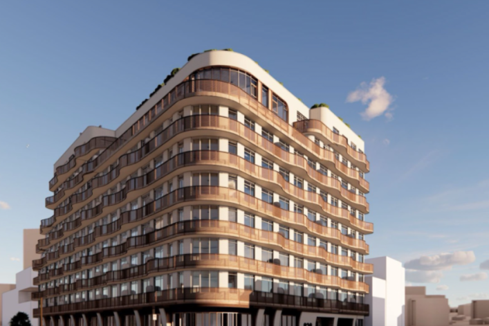 A rendering of the nine-story building at 828 Metropolitan Ave in East Williamsburg, Brooklyn. A rendering of the nine-story building at 828 Metropolitan Ave in East Williamsburg, Brooklyn.