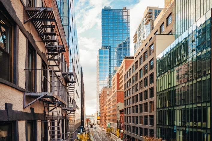 elevated street view at sunset in Chelsea quarter – Manhattan, New York elevated street view at sunset in Chelsea quarter – Manhattan, New York