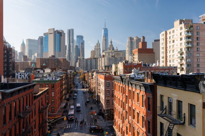 view of Chinatown and Manhattan skyscrapers 