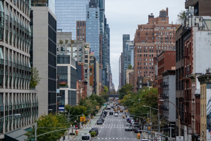 Elevated view of busy New York City avenue