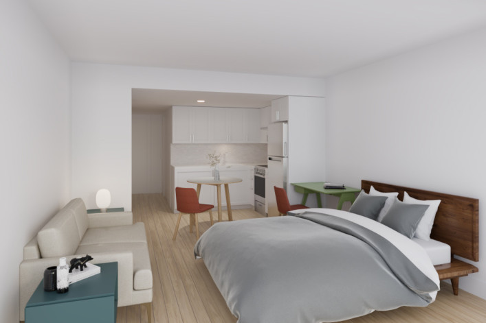 A rendering of one of the bedrooms at the affordable housing development.