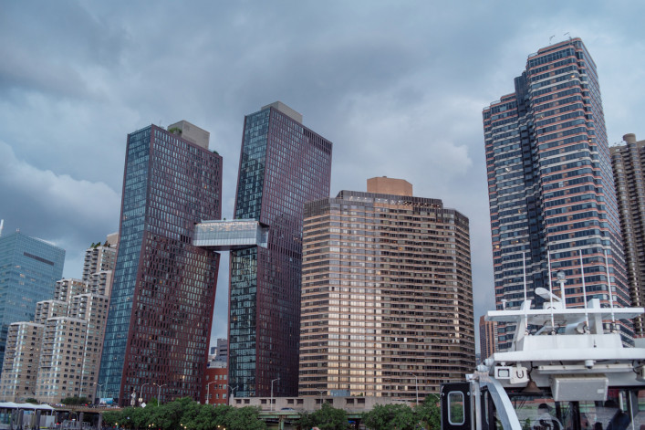 Buildings tower along NYC waterfront