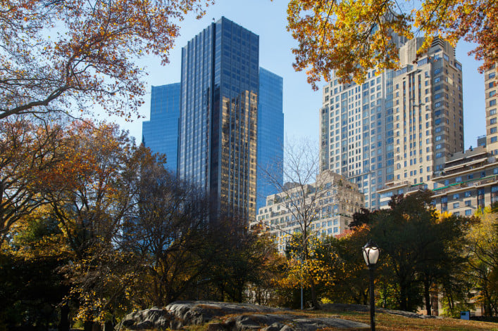 Manhattan apartment buildings seen from Central Park