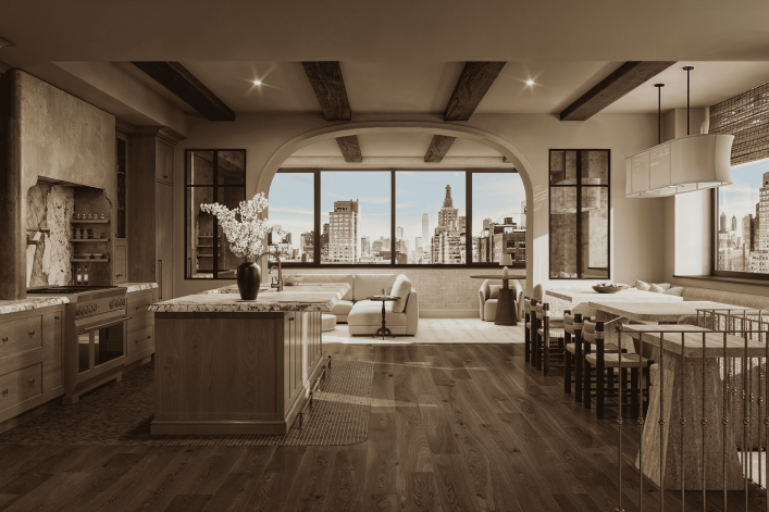 A modern, wood-grained kitchen with off-white accents