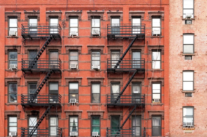 NYC apartment buildings with brick facades