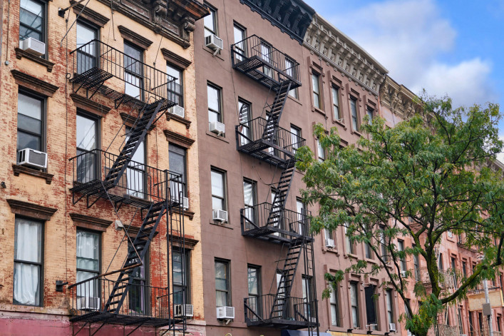 Fire escapes on Manhattan apartment buildings