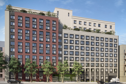 Rendering of red brick and sandstone apartment building in the Bronx
