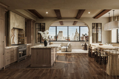 A modern, wood-grained kitchen with off-white accents