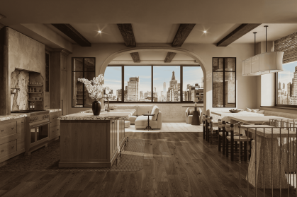 A modern, wood-grained kitchen with off-white accents