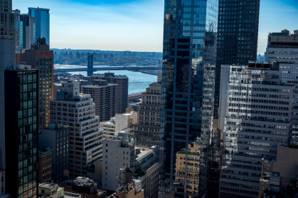 Views of the East River and the Manhattan Bridge from lower Manhattan, NYC.