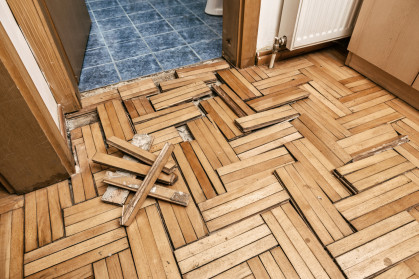 Flood damaged parquet floor