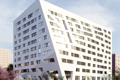 White exterior of modern housing complex at 57 Marcus Garvey Blvd, Brooklyn,