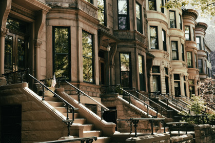 Row of brownstones in Park Slope Brooklyn on an autumn morning. NYC.