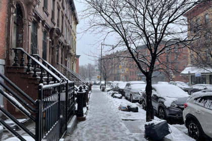 A snow-covered block in Brooklyn.