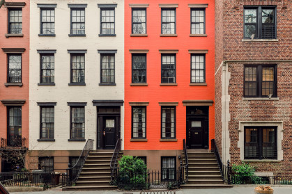 Brownstone facades & row houses in an iconic neighborhood of Brooklyn Heights in New York City stock photo
