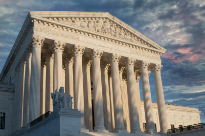 The US Supreme court as seen on a cloudy day.