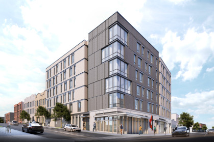 A rendering of the six-story building at the corner of White Plains Road and Penfield Street.  A rendering of the six-story building at the corner of White Plains Road and Penfield Street.
