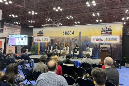 NY Build Panel on Thursday March 13th From left to right: Good Carbon CEO and founder Adam Serbert, Sustainable Comfort Inc. Managing Director Jeff Love, Association for Energy Affordability Program Manager Martha Gutierrez, RiseBoro Community Partnership Chief Housing Officer Emily Kurtz, and NYSERDA Program Manager Brian Cabezas.