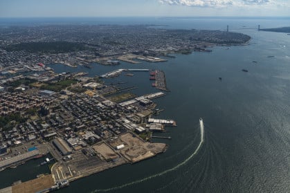 Aerial panoramic view of Red Hook, Staten Island, Brooklyn, and Verrazano-Narrows Bridge