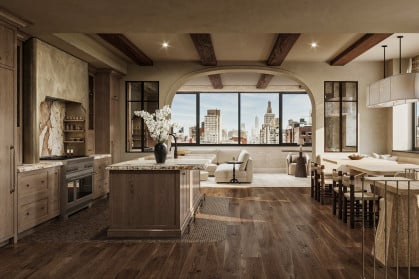 A modern, wood-grained kitchen with off-white accents