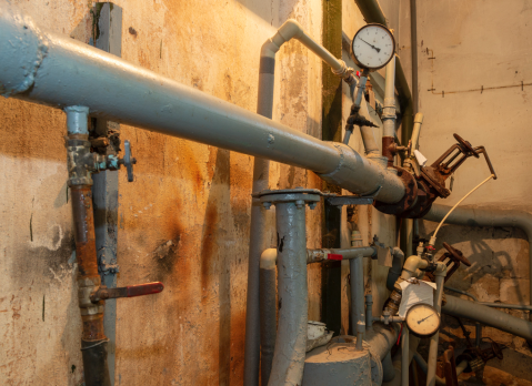 View of heating system with dials and pipes in basement of a building