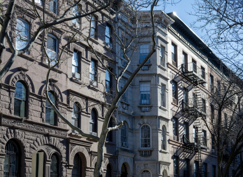 Building facades in New York in winter view from street