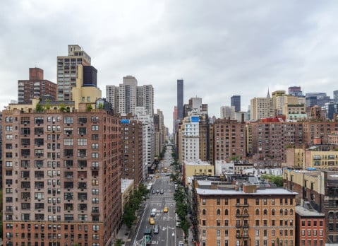 Looking down on New York streets from the top of a skyscraper