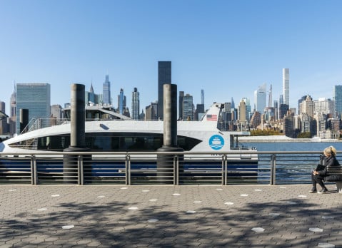 A NYC Ferry boat seen from the Hunter's Point South ferry landing.