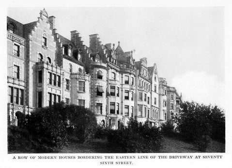 Residential buildings along 76th Street and Riverside Park in the late 19th century.