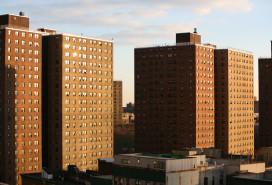 Sunset light on public housing project in Harlem, high angle view, New York City, NY, USA.