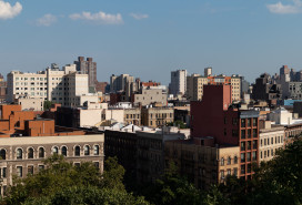Rooftops of buildings and skyscrapers in the Harlem skyline of New York City