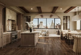 A modern, wood-grained kitchen with off-white accents