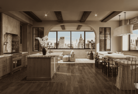 A modern, wood-grained kitchen with off-white accents