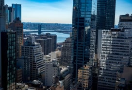 Views of the East River and the Manhattan Bridge from lower Manhattan, NYC.