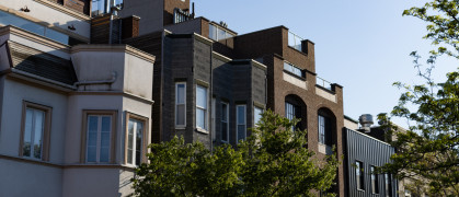 Row of Beautiful Modern Homes and Residential Buildings in Williamsburg Brooklyn stock photo