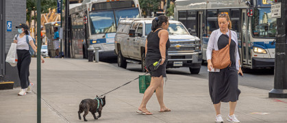 Woman with a small dog at Queensboro Plaza in Long Island City, Queens