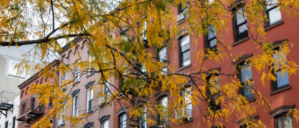 A row of colorful old brick residential buildings with fire escapes and colorful trees during autumn in the East Village of New York City