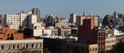 Rooftops of buildings and skyscrapers in the Harlem skyline of New York City