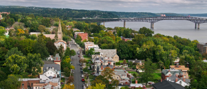 Aerial shot of Newburgh, a small city in the Hudson River Valley in Orange County, New York on a cloudy autumn afternoon.