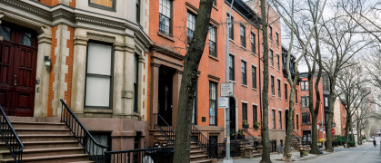 Brownstone facades & row houses in an iconic neighborhood of Brooklyn Heights in New York City