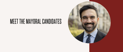 Graphic of Zohran Mamdani with the line "meet the mayoral candidates"
