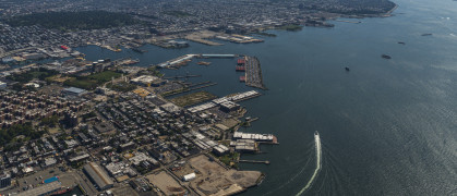 Aerial panoramic view of Red Hook, Staten Island, Brooklyn, and Verrazano-Narrows Bridge