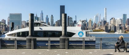 A NYC Ferry boat seen from the Hunter's Point South ferry landing.