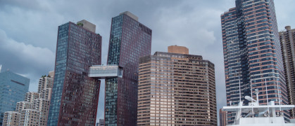 Buildings tower along NYC waterfront