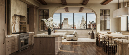 A modern, wood-grained kitchen with off-white accents