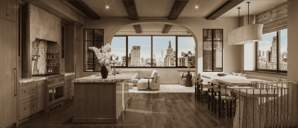 A modern, wood-grained kitchen with off-white accents